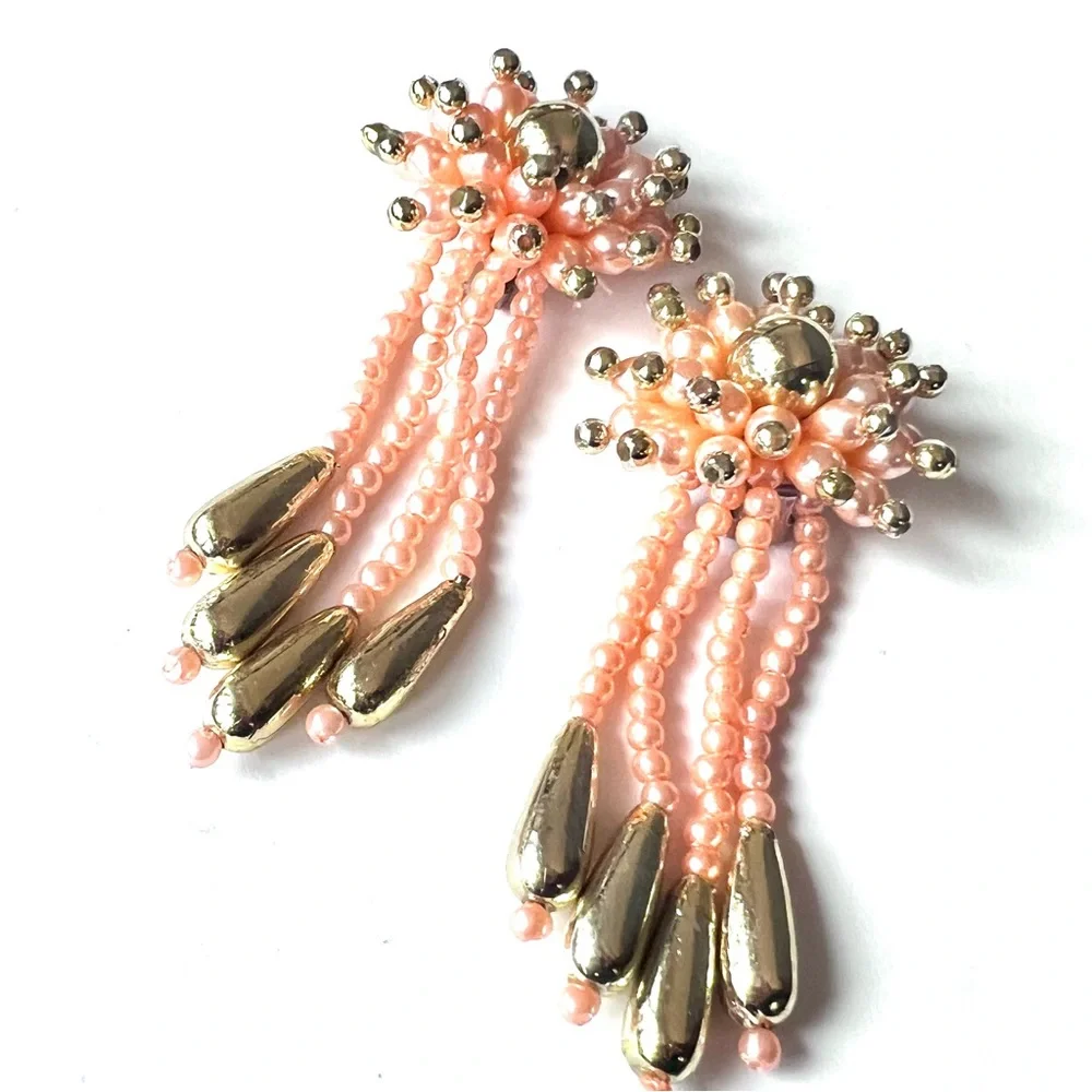 Retro Beaded Fringe Ear Clips Dangle Cascade Kitsch Gold Peach Vintage Earrings